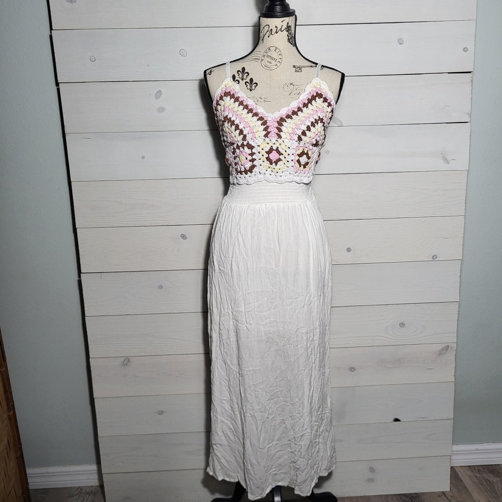 Women's Crochet Maxi Dress Smocked Flowy Crinkle Coastal BOHO Cottagecore.